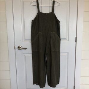 Linen Blend Overalls Olive green wide leg pockets loose fit comfort